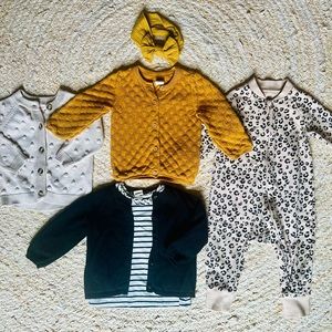 Lot of baby girl knit cardigans, leopard jumpsuit, striped long sleeve shirt
